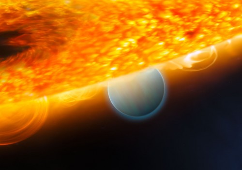 This is an artist's impression of the Jupiter-size extrasolar planet, HD 189733b, being eclipsed by its parent star. Astronomers using the Hubble Space Telescope have measured carbon dioxide and carbon monoxide in the planet's atmosphere. The planet is a "hot Jupiter," which is so close to its parent star that it completes an orbit in only 2.2 days.