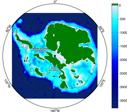 A digital image of what Antarctica would look like if it consisted only of land actually above sea level