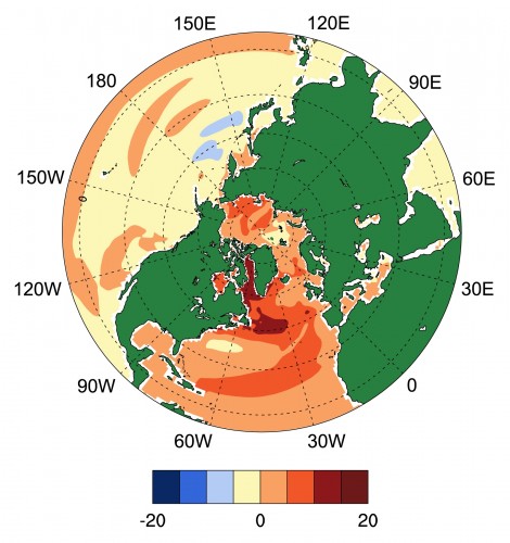 This map shows projected sea-level rise; the bar at the bottom is in centimeters.