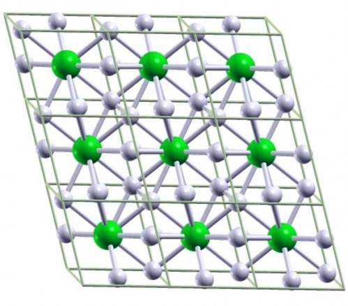 Ball-and-stick image of hypothetical metallic crystal cells composed of one lithium, or Li, atom and six hydrogen, or H, atoms. The lithium-hydrogen compound is predicted to form under approximately 1 million atmospheres, which is one-fourth the amount of pressure required to metalize pure hydrogen. The pressure at sea level is one atmosphere and the pressure at the center of the Earth is around 3.5 million atmospheres. Li atoms are green and H atoms are white.