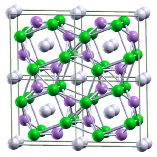 Ball-and-stick image of predicted metallic lithium-hydrogen crystal cells made of one lithium, or Li, atom and two hydrogen, or H, atoms. Li atoms are green, hydrogen pairs are white, and negatively charged H atoms are mauve.