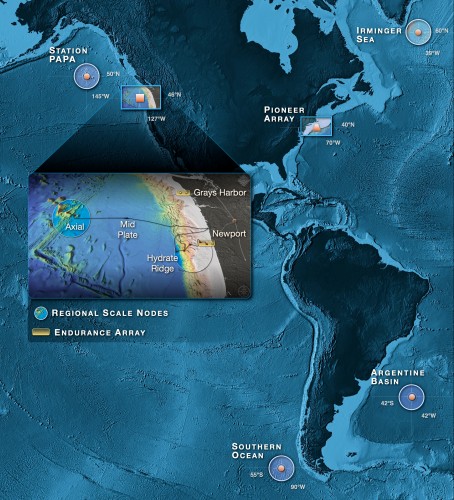 The geographic locations of the OOI components are depicted in this illustration.