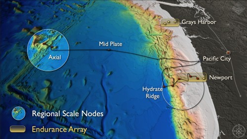 An OOI regional scale node will be located at the deep-sea Axial Volcano and Hydrate Ridge.