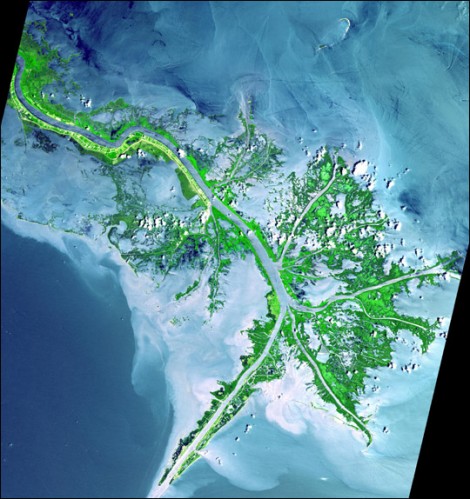 As the Mississippi River enters the Gulf of Mexico, it deposits its load of sediment in a delta.