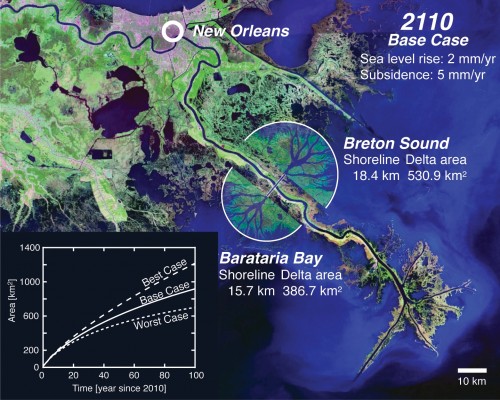 View of the lower Mississippi River delta below New Orleans, with predictions for new land.