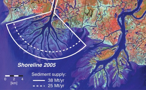 A view of the Wax Lake Delta in 2005, with a hindcast of shoreline position.